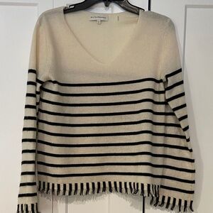 White + Warren Cream and Black Striped V-Neck cashmere Sweater
